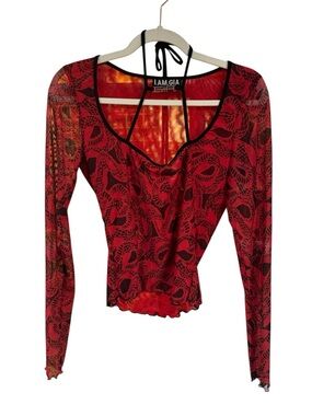 I.AM.GIA Red Paisley-Print Long Sleeve Mesh Top